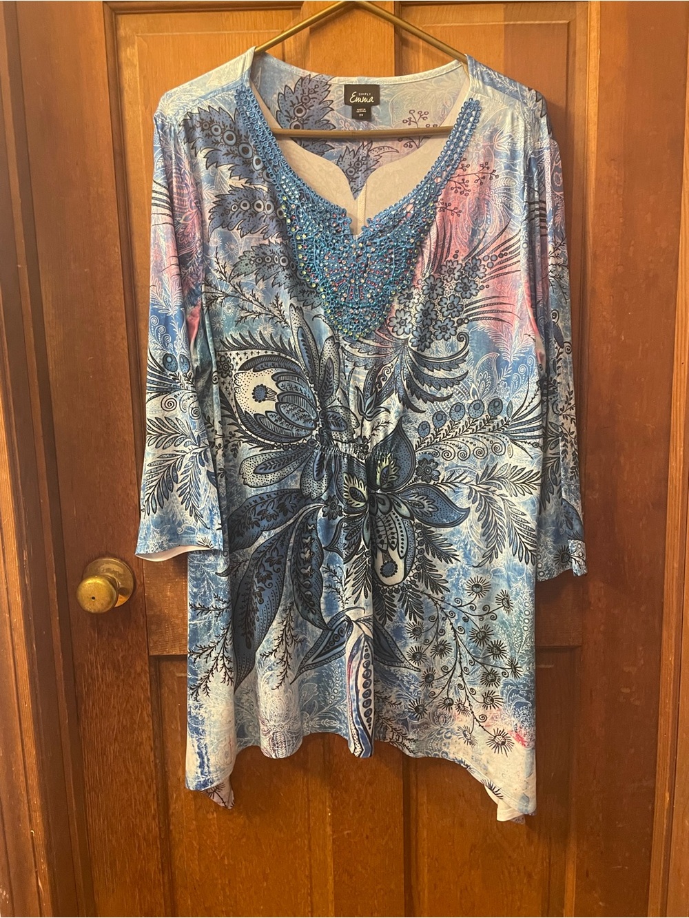Floral Beaded V-Neck Blue Tunic Top